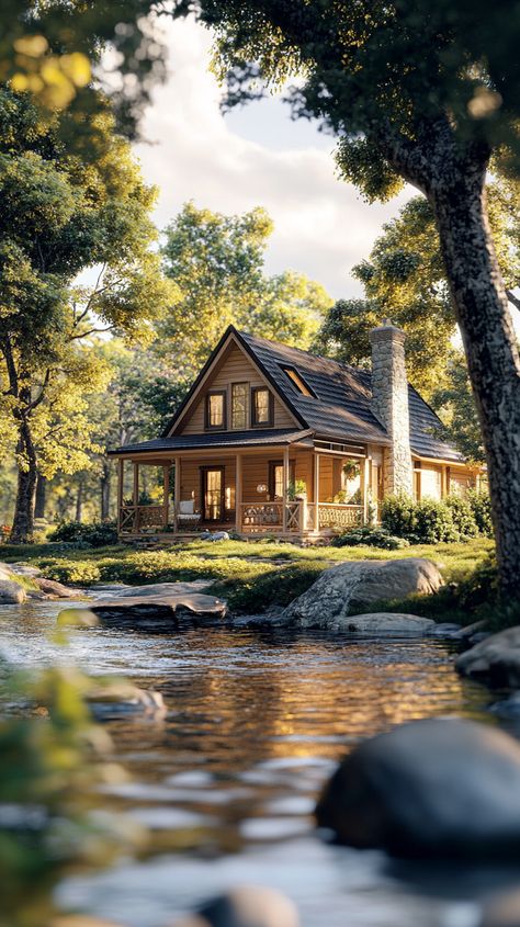 A cozy riverside cottage with a porch encircling it Cottage Core Lake House, Cabin By A River, Broad River Cottage, Cabin Near River, Coosaw River Cottage, Life Core, Riverside Cottage, Cozy Nooks, Cottage Cabin