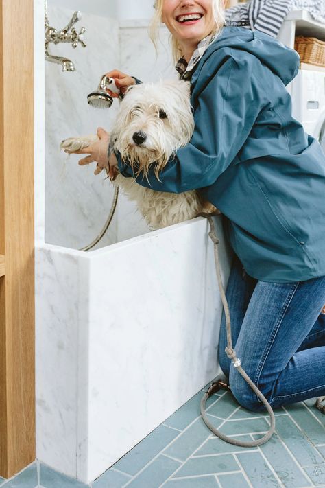 The Mudroom Dog Washing Station: Measurements, How It's Working + Some Practical Dog Products - Emily Henderson Dog Boutique Ideas, Dog Food Station, Pet Washing Station, Pet Room, Washing Station, Short Haired Dogs, Dog Washing Station, Dog Room, Shower Sizes