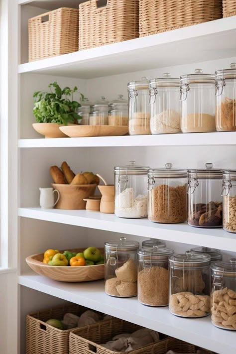 Pantry Organization Glass Jars, Small Organized Kitchen Ideas, Fancy Pantry Ideas, Jars Organization Ideas, Kitchen Organisation Ideas, Kitchen Appliance Organization, Home Edit Pantry, Kitchen Cabinets Organization Ideas, Small Fridge Organization