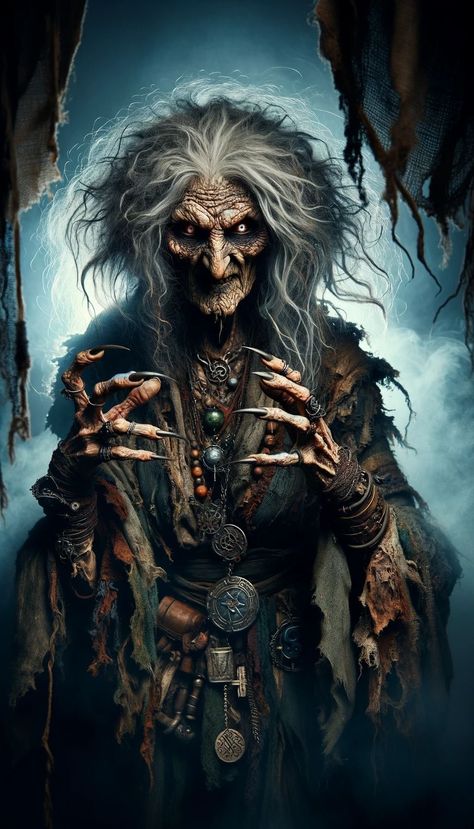 Night Hag Dnd, Evil Witch Art, Hag Witch, Creepy Clown Pictures, Female Warrior Tattoo, Baba Jaga, Witch Pictures, Scary Witch, Dark Fantasy Artwork