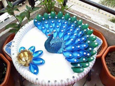 Plastic Spoon Art, Arti Thali Decoration, Pista Shell Crafts, Plastic Spoon Crafts, Peacock Crafts, Thali Decoration, Thali Decoration Ideas, Spoon Crafts, Diy Diwali Decorations