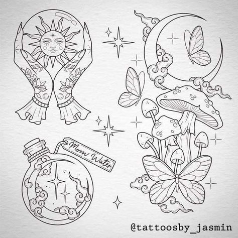 Sun Potion, Mushroom Tattoos, Witch Tattoo, Flash Tattoo Designs, Spooky Tattoos, Tattoo Portfolio, Tattoo Design Book, Tattoo Art Drawings, Tattoo Flash Art