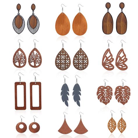 PRICES MAY VARY. 【Wood Earrings for Women】 You can get 12 pairs African wooden dangle drop earrings in one order, including teardrop earrings, hollow pendant earrings, tree earrings, leaf earrings, and various geometric earrings, etc. Overall a great set with a variety of different styles to choose from to match any outfit you have. 【Lightweight Wooden Earrings】 These drop dangle earrings are made of natural wood and stainless steel ear hooks, lightweight and comfortable, don’t irritate ears at African Earrings, Earrings Geometric, Earring Tree, Styl Boho, Wooden Pendant, Drop Dangle Earrings, Chic Jewelry, Wooden Earrings, Large Earrings