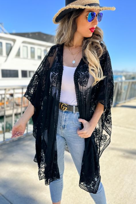 Detail: Floral Lace Sheer Dressy Kimono Cardigan Cover Up, One Size Black Lace Kimono Outfit, Black Kimono Outfit, Lace Cardigan Outfit, Lace Kimono Outfit, Black Lace Kimono, Black Lace Cardigan, Outfits Con Jeans, Kimono Outfit, Fashion Gal