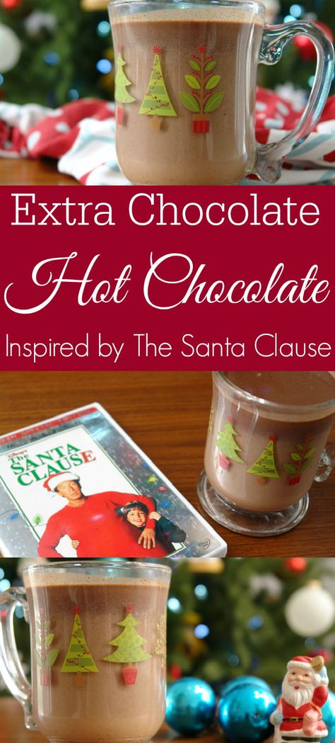 “Not too hot, extra chocolate, shaken, not stirred.” Who didn't think thehot chocolate in The Santa Clause sounds delicious? Now you can have this rich hot chocolate inspired by the movie. It's made using chocolate bars for a rich and delicious flavor you won't find in most hot chocolate. #HotChocolate #HotCocoa #TheSantaClause Santa Claus Hot Chocolate, The Santa Clause Movie Party Ideas, The Santa Clause Movie Hot Chocolate Recipe, The Santa Clause Hot Chocolate, Santa Clause Themed Dinner, The Santa Clause Movie Night Food, Santa Clause Movie Party, Santa Claus Movie Night, The Santa Clause Dinner And A Movie