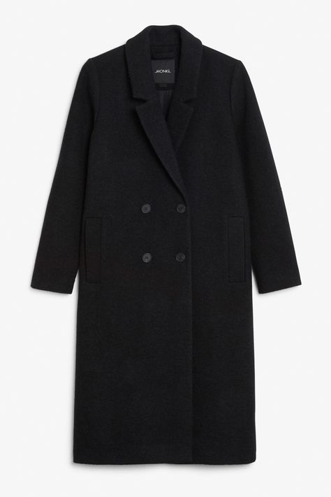 Classic double-breasted coat - Black magic - Coats & Jackets - Monki GB Black Overcoat Women, Trench Coat Png, Black Wool Coat Outfit, Big Coat, Quilted Coats, Womens Black Coat, Black Trench Coat, Long Black Coat, Fred Weasley