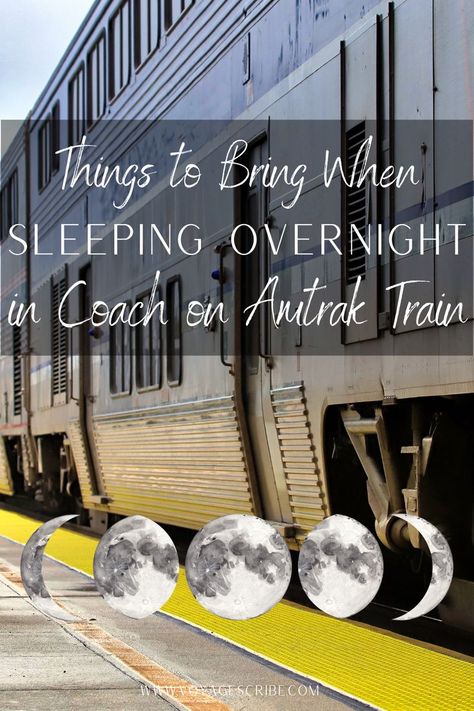 Things to Bring When Sleeping Overnight in Coach on an Amtrak Train; moon and train Packing For A Train Trip, Train Outfit Travel What To Wear, Train Travel Hacks, Long Train Ride Essentials, Coast Starlight Train Trip, Amtrak Train Travel Tips, Train Travel Outfit, Amtrak Crescent, Sleeping On A Train