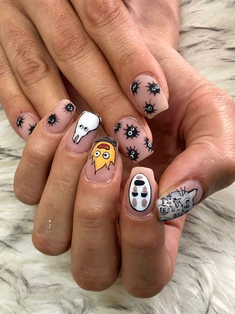 #artnail #nailart #nailstagram #naildesign #nailsoftheday #nailinspiration #nailideas #nailartist #animenails #anime #calcifer #totoro #chihiro #animenails #animeideas Chihiro Nails, Anime Nails, Work Nails, Matte Nails, Nail Artist, Nails Inspiration, Nail Inspo, Nail Colors, Nail Designs