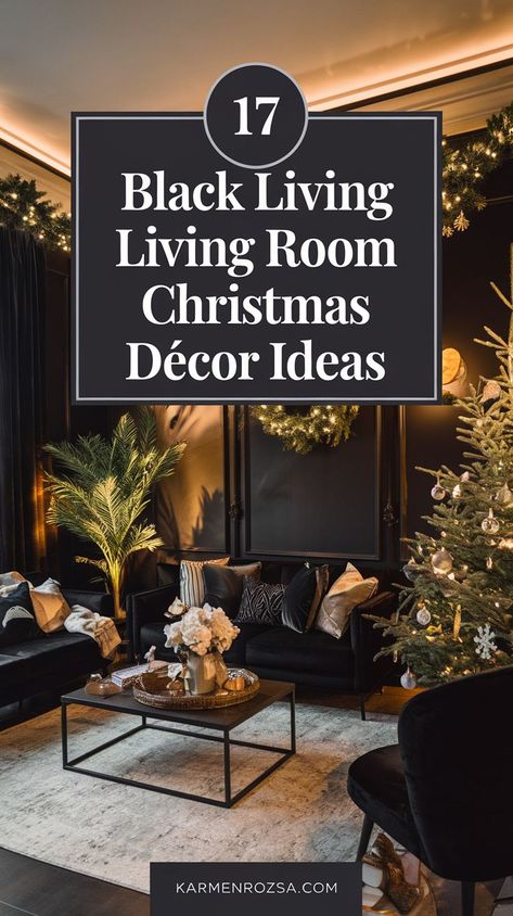 Celebrate Christmas in style with a minimalist black and white living room theme. Add monochromatic garlands, geometric ornaments, and soft textures for a festive yet clean design. Black Fireplace Christmas, Gold Christmas Living Room, Outside Christmas Tree, Gifts Decoration Ideas, Christmas Decor For Kids, Christmas Ideas Decoration, Living Room Theme, Black And Gold Christmas, Decoration Ideas Christmas