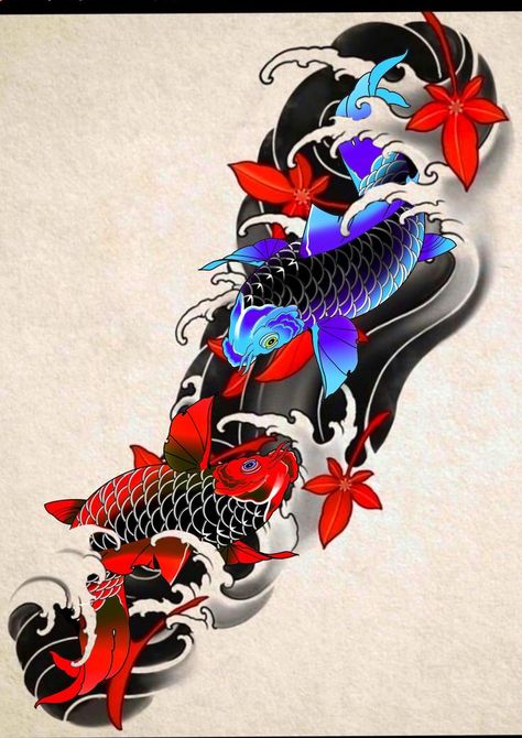 ငါးကြင်း Tattoo, Japanese Color Tattoo, Japanese Koi Fish Tattoo Design, Tatto Koi, Pez Koi Tattoo, Flying Phoenix Tattoo, Dragon Koi Tattoo Design, Japanese Fish Tattoo, Koi Fish Tattoo Design