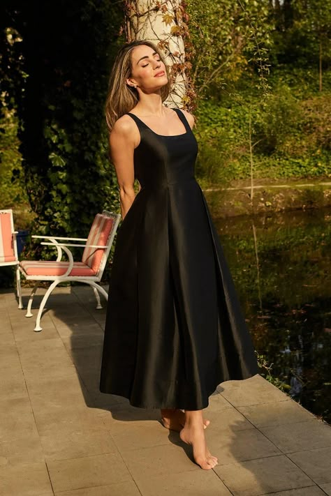 Lydia Millen Taffeta Full Skirt Tailored Midi Dress | Karen Millen Black Calf Length Dress, Black Dress Fairytale, Midi Cocktail Dress Classy, Timeless Evening Dress, Tea Length A Line Dress, Shoes For Floor Length Dress, Black Midi Wedding Guest Dress, Aline Dress Outfit Ideas, Black Gown Western