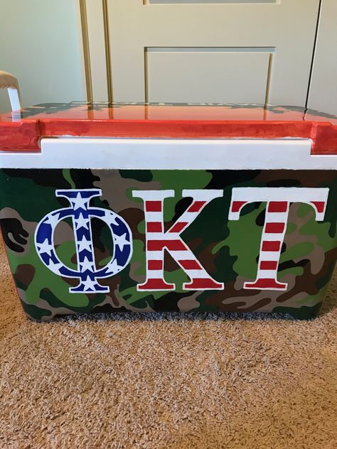 camo, american flag, phi kappa tau letters Phi Tau Cooler, Phi Tau Formal Cooler, Phi Kappa Tau Cooler, Nola Formal, Nola Cooler, Classroom 2023, Painted Coolers, College Crafts, Phi Kappa Tau