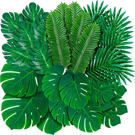 Amazon.com: Decopom Palm Leaves Artificial Tropical Monstera-84Pcs 6 Kinds Large Small Green Fake Palm Leaf with Stems for Safari Jungle Hawaiian Luau Party Table Decoration Wedding Birthday Theme Party : Home & Kitchen Plants Indoor Decoration, Artificial Palm Leaves, Tropical Party Decorations, Hawaiian Luau Party, Beach Themed Party, Safari Jungle, Tropical Party, Hawaiian Luau, Party Table Decorations