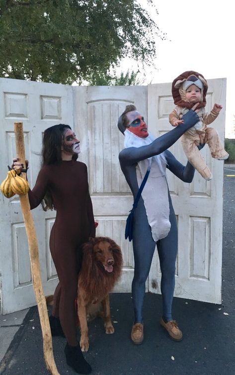 Lion King Group Costume, Lion King Family Costume Diy, Family Costumes With Lion, Family Of 3 And A Dog Halloween Costumes, Halloween Lion Costumes, Lion King Couple Costume, Zoo Costumes For Family, Family Costumes With Baby And Dog, Family Of 3 And Dog Halloween Costumes