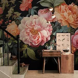 Big Floral Wallpaper, Flower Murals, Peach Peonies, Big Floral, Garden Wallpaper, Vintage Floral Design, Peonies Garden, Night Garden, Bold Art