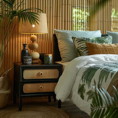 7+ Tropical Black Bedroom Furniture Decorating Ideas for an Exotic Touch • 333k+ Inspiring Lifestyle Ideas Modern Tropical Bedroom, Black Canopy Bed, Rattan Bed Frame, Tropical Bedding, Tropical Bedroom, Tropical Cushion, Inspiring Lifestyle, Canopy Beds, Tropical Bedrooms