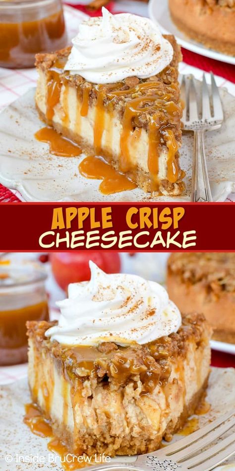 Apple Crisp Cheesecake - layers of a crisp oatmeal topping, fresh apples, and creamy cheesecake makes an amazing dessert. Make this easy recipe for fall parties and dinners. #cheesecake #apple #applecrisp #fall #dessert #recipe Applebees Apple Chimi Cheesecake, Apple Cake Cheesecake, Apple Pumpkin Cheesecake, Fall Time Dessert Recipes, Desserts For September, Halloween Desserts Cheesecake, Fall Dessert Recipes Cheesecake, Baking Recipes Desserts Cheesecake, Autumn Deserts Fall Desserts