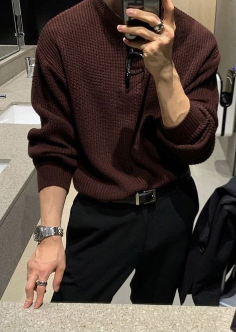 Ceo Aesthetic Outfits Men, Guy Outfits Turtleneck, Business Causal Mens Outfits, Intj Aesthetic Outfit Men, Clothing Aesthetic Types Male, Men Maroon Outfit, Mens Outfits Dark Academia, Mens Acedamia Fashion, Academic Aesthetic Outfit Men