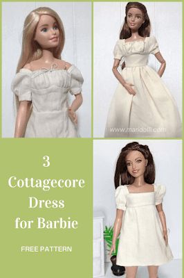 3 Cottagecore Inspired Dress to Sew for Barbie - Maridolli Barbie Peasant Dress Pattern, Simple Barbie Dress Pattern, Barbie Clothes Inspiration, Barbie Dress Sewing Pattern, Simple Doll Dress, Barbie Doll Dress Patterns Free Sewing, Barbie Clothes Free Patterns, Barbie Free Patterns Sewing, Barbie Doll Sewing Patterns Free