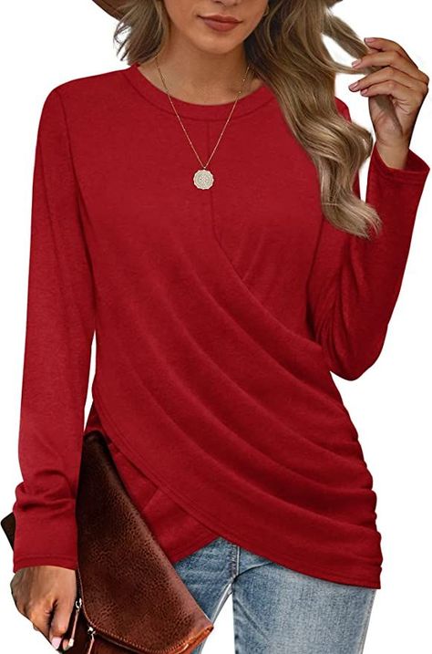 This Red Long Sleeve Top (see paid link) with a front wrap-style can take you from that Valentine's Day luncheon with the girls to an evening with the one that you love. Tops To Wear With Leggings, Fall Long Sleeve Shirts, Women Fall Tops, Tunic Tops For Leggings, Long Sleeve Wrap Top, Womens Blouses, Tunic Tops Casual, Wear With Leggings, Flattering Tops