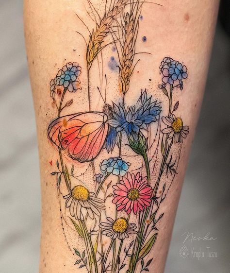 Agnieszka Brzozowska | Hello summer! 💐☀️ Wildflowers & butterflies... The long sunny days begin to smell like acacia, water in the sea and freedom. Soft as a… | Instagram Soft Color Tattoo, Watercolor Wildflower Tattoo, Field Of Flowers Tattoo, Wildflower Ankle Tattoo, Wild Flower Tattoos, Wildflower Tattoos, Wildflowers Tattoo, Germany Tattoo, Polish Tattoos