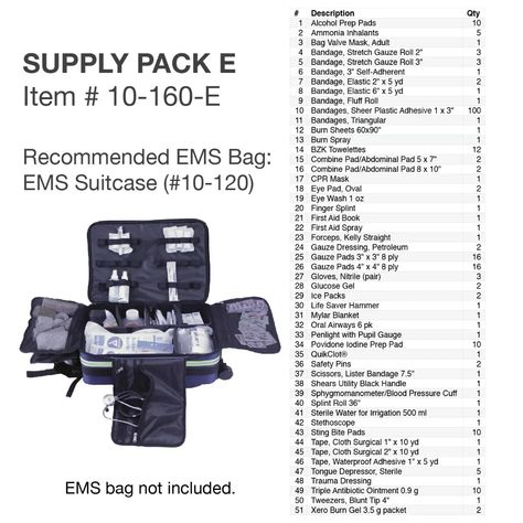 The Kemp USA Medical Supply Pack E is a fill kit for EMS Gear Bags. It comes with (51) unique first-aid items, totaling 250 pieces. This Supply Pack conveniently fits our EMS Suitcase Bag (item# 10-104), however, it can be used for any bag of your choice. Ems Gear, First Aid Kit Contents, Emergency Preparedness Food, First Aid Tips, Ems Bag, Survival Books, Emergency Survival Kit, Tactical Training, Medical Bag