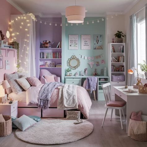 Lavender And Aqua Bedroom, Mint And Purple Bedroom, Pink Mint Bedroom, Pastel Bedroom Color Scheme, Pink Pastel Room Ideas, Bedroom Ideas For 7 Year Girl, Lavender And Teal Bedroom, Cute Pastel Bedroom Ideas, Lavender Girls Room Bedroom Ideas