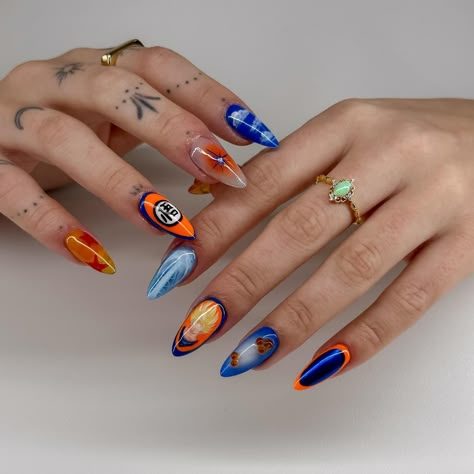 Dragonball Z nails on myself🤭 I asked Hayden what I should do for my nails this week and he said Dbz😂🐉🟠 so here we are. I’m so proud of these. Everything is hand painted (no stickers)!!! So excited to keep growing with my nail art and I can’t wait to be able to do sets like these for clients!! #dragonballznails #dragonballnails #dbznails #dragonballzart #animenails #animenailart #nailinspo #nailinspo2024 #clarksvillenails #clarksvillenailtech #nashvillenails #nashvillenailtech Dragon Ball Nails Art, Dragonball Z Nails, Dbz Nails, Dragon Ball Nails, Dragon Ball Z Nails, Lightning Nails, Ball Lightning, Nail Vibes, Color Design Inspiration