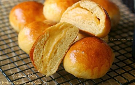 Cream Pan ~ Japanese Custard Filled Cream Buns - Ruchik Randhap Japanese Custard, Cream Pan, Stuffed Buns, Cream Buns, Custard Buns, Cream Bun, Homemade Sushi, Sweet Buns, Custard Filling