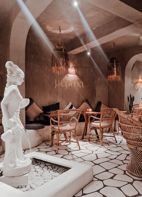 Sculpture Fountain, Morocco Design, Basement House, Wooden Chairs, Cafe Bistro, Indoor Fountain, Restaurant Concept, Cafe Interior Design, Cafe Chairs