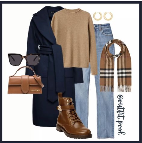 Navy Fall Outfits For Women, Blue Navy Coat Outfit, Navy Blue Autumn Outfit, Navy Blue Outfit Winter, Navy And Brown Outfits For Women, Brown Navy Outfit, Brown And Blue Outfit Color Combos, Navy Blue Coat Outfit Winter, Navy Blue Coat Outfits For Women