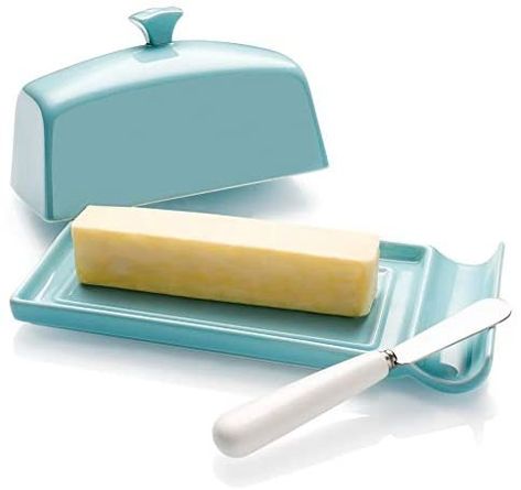 Butter Dish with Lid and Knife Spreader Set - Perfect for East and West Coast Butter, Turquoise - Better Butter & Beyond # tableaccessories #serveware Butter Dishes With Lid, Butter Bell, Ceramic Butter Dish, Best Butter, Knife Holder, Butter Knife, Retail Market, Knife Handles, Dish Sets