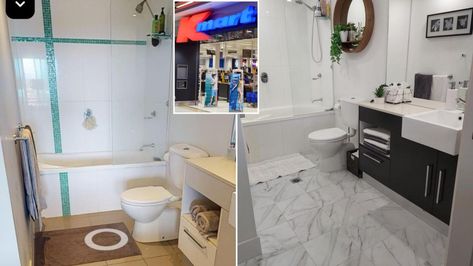 Adhesive Tiles Kmart, Bunnings Bathroom, Transform Bathroom, Kmart Bathroom, Tile Hacks, Kmart Decor, Kmart Australia, Adhesive Floor Tiles, Kmart Home