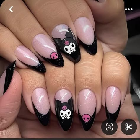 Kuromi Halloween Nails, Kuromi Nails Simple, Kuromi Nail Designs, Kuromi Nails Acrylic, Hello Kitty Halloween Nails, Uñas Kuromi, Kuromi Nail Art, Nails Kuromi, Uñas Hello Kitty