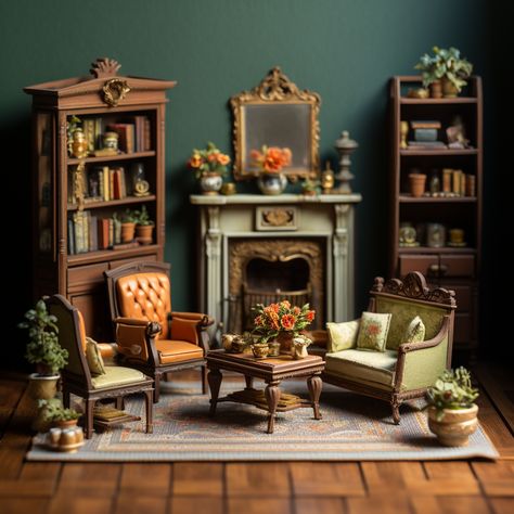 Miniature Dollhouse Living Room, Victorian, Wood Theme, 3-d model, Plasticine Living Room Dollhouse, Victorian Dollhouse Interior, Victorian Miniatures, Living Room Victorian, Spooky Miniatures, Miniature Living Room, Miniature Cafe, Victorian Rooms, Victorian Room