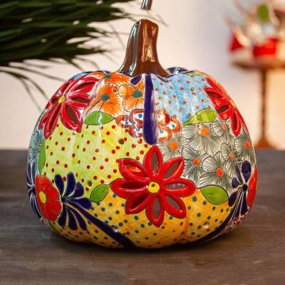 Talavera-Style Ceramic Pumpkin Lantern from Mexico - Colorful Pumpkin | NOVICA Creative Pumpkin Decorating, Ceramic Lantern, Pumpkin Lantern, Rabbit Sculpture, Ceramic Pumpkin, Halloween Pumpkins Painted, Painted Pumpkin, Creative Pumpkins, Pumpkin Party