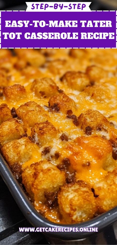 A freshly baked Tater Tot Casserole with crispy golden tater tots layered on top of a cheesy, hearty casserole recipe, served in a baking dish. Tater Tot Casserole With Hashbrowns, Recipes For Tater Tots, Recipe For Tater Tot Casserole, Tater Tot Casserole With Ham, Tatertot Dinner Ideas, Ground Turkey Tater Tot Casserole, Tarot Tot Casserole Ground Beef, Hamburger And Tater Tot Casserole, Pulled Pork Tater Tot Casserole