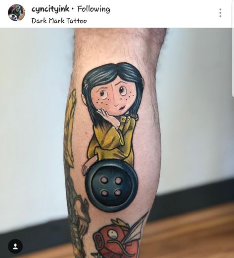 Coraline Tattoo Ideas, Coraline Tattoo, Tim Burton Tattoo, Movie Tattoos, Coraline Jones, Shape Tattoo, Cartoon Character Tattoos, Spooky Tattoos, Detailed Tattoo