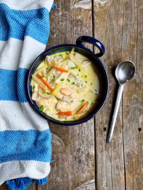 Fiskesuppe (Norwegian Fish Soup) - Fearless Eating Icelandic Fish Soup, Norwegian Fish Soup, Norwegian Soup, Italian Fish Stew, Fishball Recipe, Soup With Vegetables, Seafood Soup Recipes, Chowder Recipes Seafood, Fish Chowder