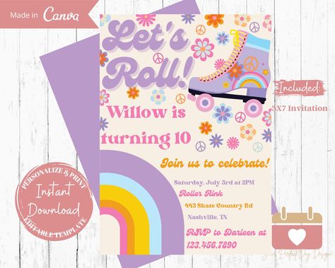 Groovy Roller Skating Party, Roller Skate Invitations, Retro Roller Skating, Skate Invitations, Skate Rink, Roller Skating Birthday Invitations, Hippie Birthday Party, Roller Skating Party, Hippie Birthday