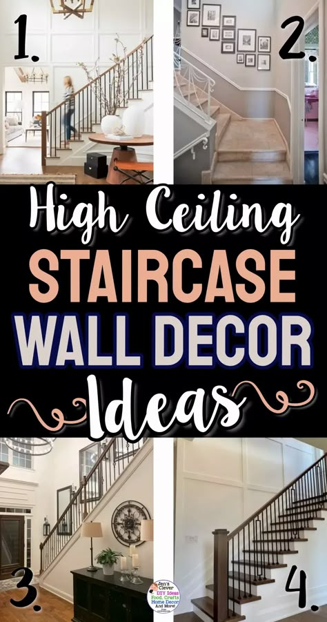 Staircase High Ceiling, Large Wall Decor Stairwell, Gallery Wall For Tall Ceilings, High Ceiling Entryway Accent Wall, Tall Wall Decor High Ceilings Entryway, Tall Wall Staircase Decor, Entryway Staircase Decor, High Ceiling Decorating Entryway, High Ceilings Wall Decor