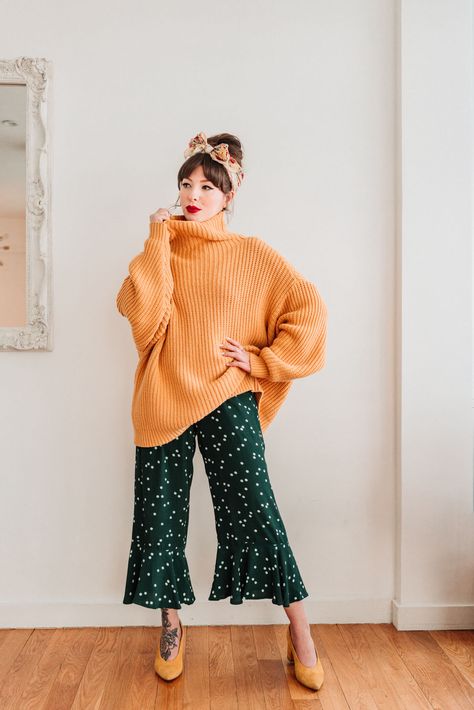 Sweater Over Jumpsuit Outfit, Sweater Over Jumpsuit, Jumpsuit With Sweater, How To Style Jumpsuit, Jumpsuit Outfit Winter, Style A Jumpsuit, Keiko Lynn, Mustard Sweater, Polka Dot Pants