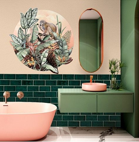 Green And Pink Bathroom, Small Bathroom Renos, Dark Green Bathrooms, Peach Bathroom, Squirrel Monkey, Monkey Wall, Bathroom Shelf Decor, Downstairs Toilet, Pink Bathroom