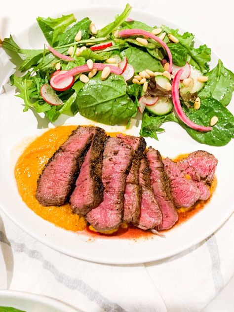 GRILLED FILLET MIGNON WITH ROMESCO SAUCE - thecommunalfeast.com Simple Side Salad, Olive Oil Salad Dressing, Olive Oil Salad, Quick Pickled Red Onions, Vinegar Salad Dressing, Romesco Sauce, French Recipes, Pickled Red Onions