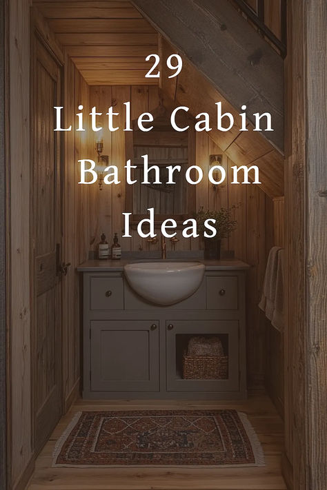 Create a cozy and inviting bathroom with these 29 stylish cabin ideas! From rustic wood to modern finishes, these designs are perfect for adding charm to any space. Small Rustic Cabin Bathroom, Bathroom In Tiny House, Cabin Restroom Ideas, Bathrooms With Wood Walls, Log Cabin Bathroom Remodel, Wood Cabin Bathroom Ideas, Wooden Shelves In Bathroom, Outdoorsy Bathroom Decor, Modern Log Cabin Bathroom