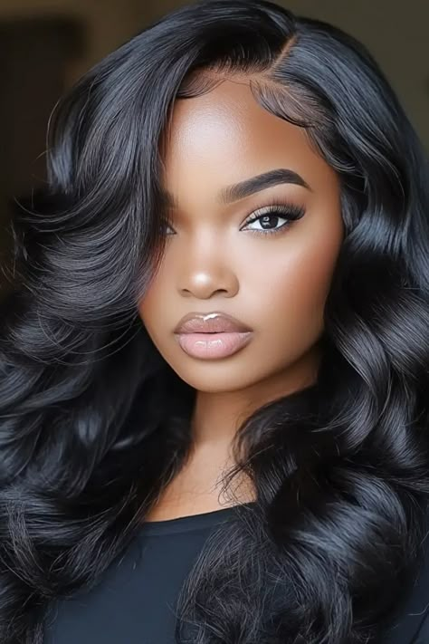 Woman with long, wavy, black hair and flawless makeup looking directly at the camera. New Weave Hairstyles, Side Part Wavy Hairstyles, Quick Weave Hairstyles No Leave Out, Black Hair Quick Weave, Sew In Bob Hairstyles, Hairstyles Quick Weave, Versatile Sew In, Sew In Weave Hairstyles, Short Quick Weave Hairstyles