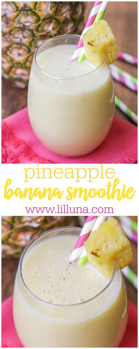 A quick & simple Pineapple Banana Smoothie is a family favorite!! It's a perfect meal or a refreshing snack. #smoothie #fruitsmoothie #pineapple #banana Amrap Workouts, Heathy Smoothies, Recipes Pineapple, Pineapple Banana Smoothie, Banana Apple Smoothie, Lil Luna, Drinks Smoothies, Juice Smoothies Recipes, Refreshing Snacks