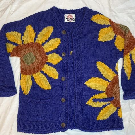 The one and only Vintage Amano Navy Sunflower knit... - Depop Knit Sunflower, Sunflower Aesthetic Clothes, Sunflower Sweater, Vintage Adjustable Sunflower Design Jewelry, Sunflower Knitted Blanket, Navy Cardigan, Skirt Leather, Navy Women, Casual Skirts