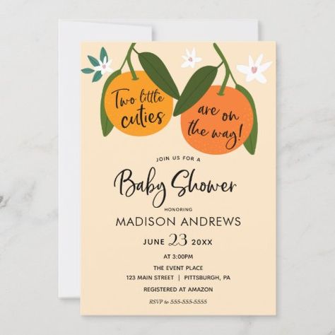 Two Little Cuties Twin Baby Shower for $2.95 - Baby Shower Invitations Long Distance Baby Shower Invitations, Cutie Orange, Baby Shower By Mail Invitation, Shower By Mail Invitation, Baby Shower By Mail, Shower By Mail, Orange Birthday, Twins Baby Shower Invitations, Orange Baby Shower