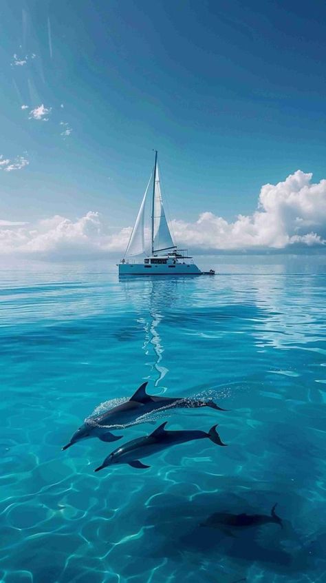 Boat Images, Catamaran Boat, Ocean Aquarium, Solo Traveling, Dolphin Art, Beautiful Beach Pictures, Live Hd, Ocean Wallpaper, Clear Blue Sky